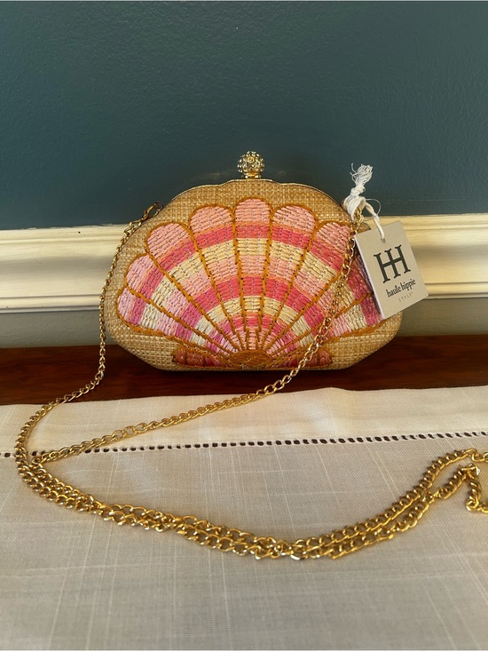 Haute Hippie Handbags - NWT pink embroidered seashell straw clutch by Haute Hippie w/a gold chain